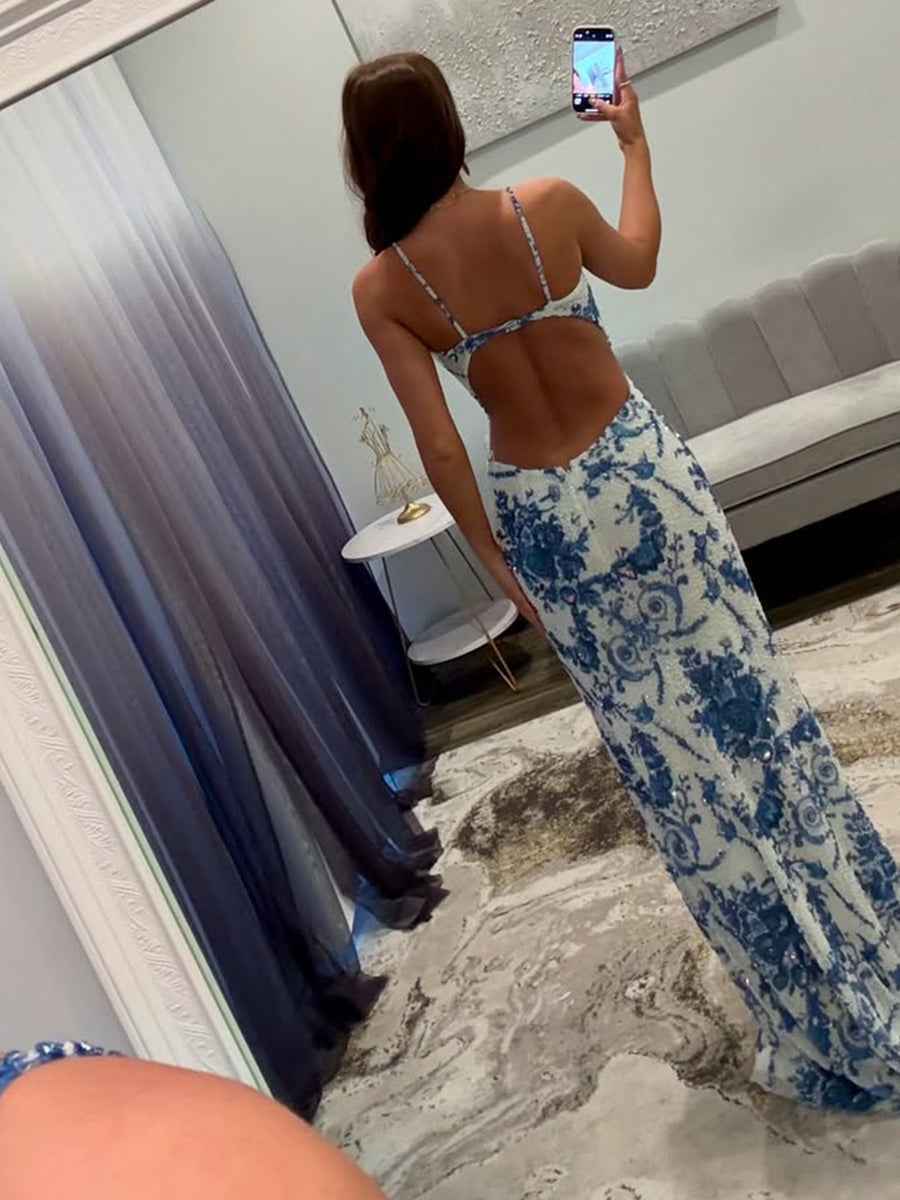 Blue Porcelain Print Spaghetti Straps Beaded Long Prom Dress with Slit