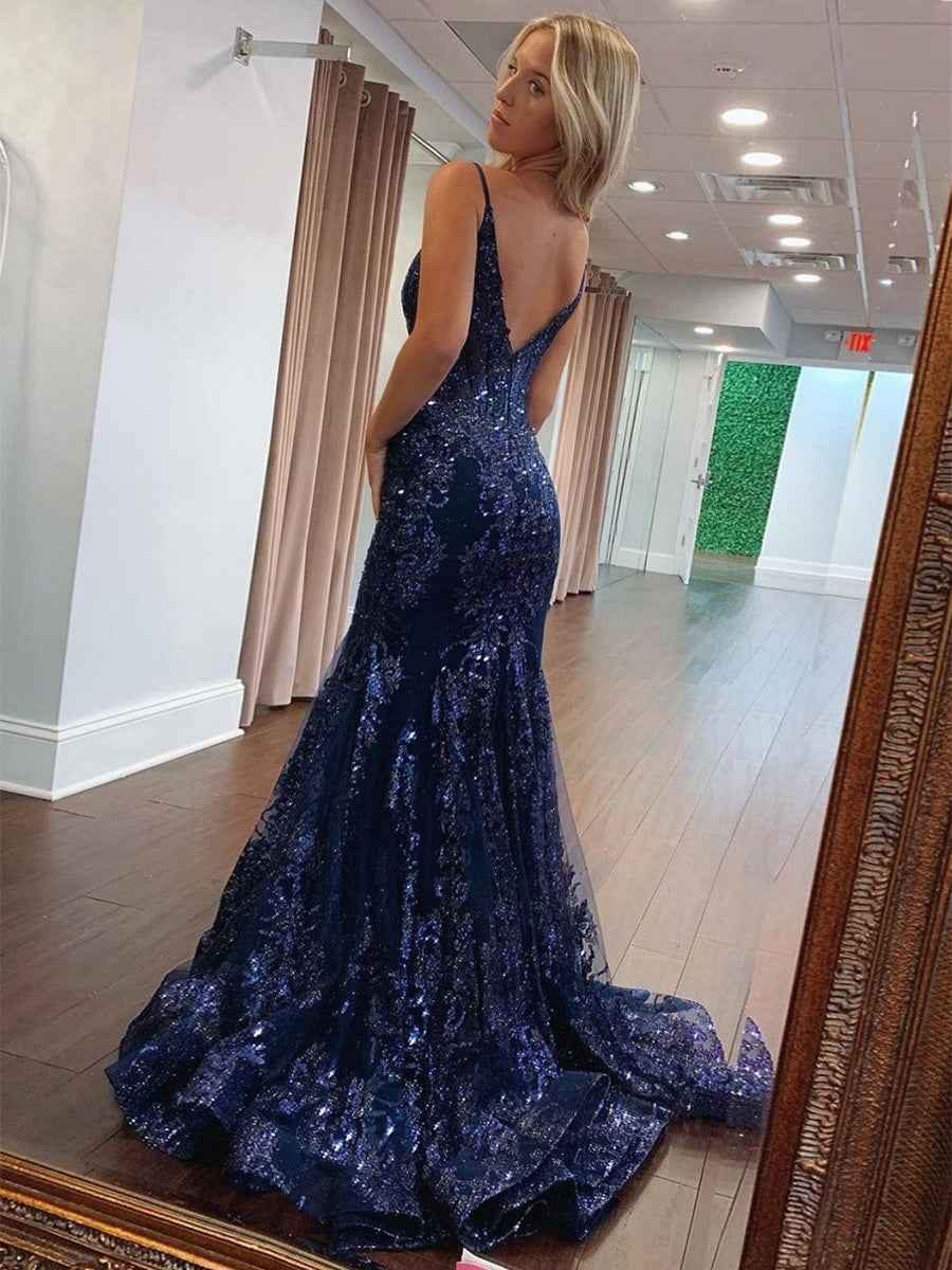 Navy Blue Sequin V Neck Corset Bodice Mermaid Long Prom Dress