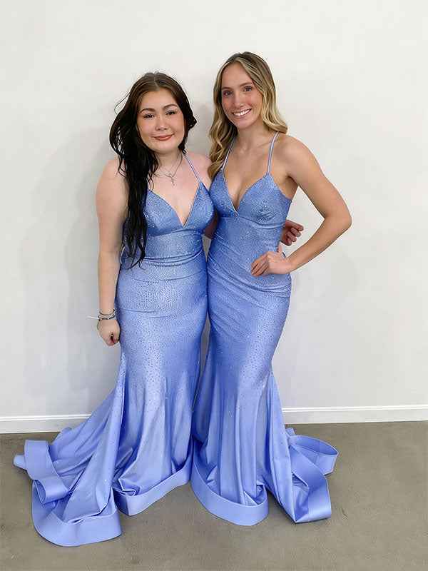Blue Sequin V Neck Long Mermaid Prom Dress