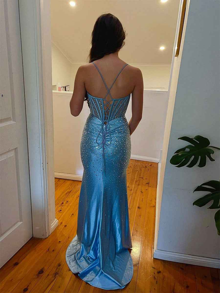 Blue Spaghetti Strap Scattered Rhinestones Corset Prom Dress with Twisted Waist