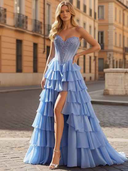 Blue Strapless Corset Tiered Ruffles Prom Dress with Slit