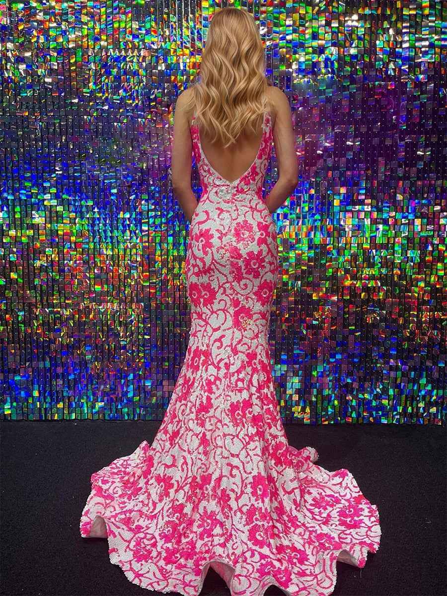 Blue V Neck Sequin Lace Mermaid Long Prom Dress