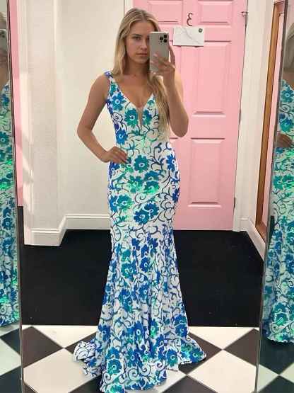 Blue V Neck Sequin Lace Mermaid Long Prom Dress