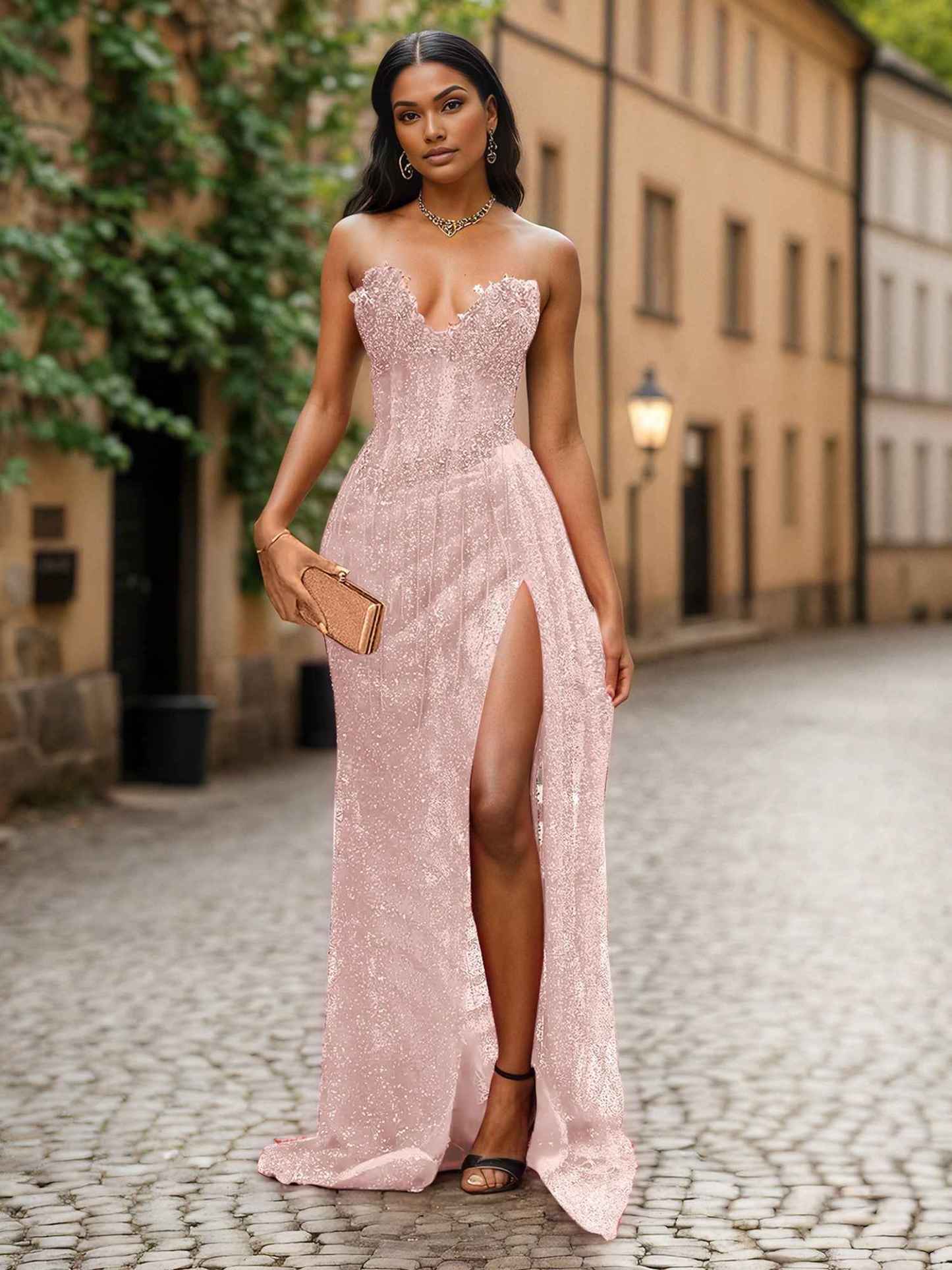 Red Strapless Beaded Fringe Waist Sequin Prom Dress with High Slit