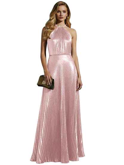 Luxurious Champagne-Gold Pleated Halter Long Prom Dress