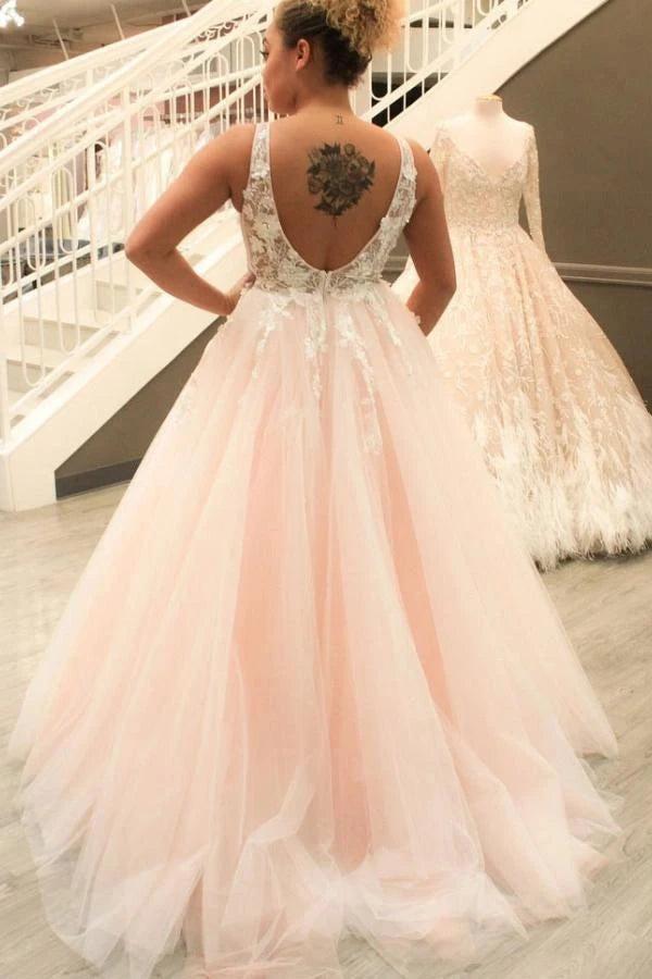 Blush Pink Tulle Ball Gown Wedding Dress Deep V-Neck 3D Floral Lace Appliques Open Back Sweep Train