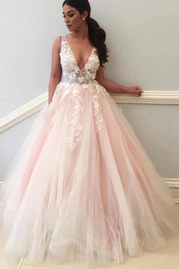 Blush Pink Tulle Ball Gown Wedding Dress Deep V-Neck 3D Floral Lace Appliques Open Back Sweep Train