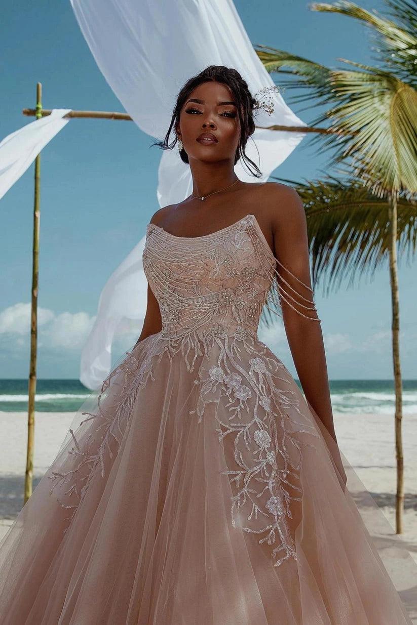 Blush Tulle Ball Gown Wedding Dress Strapless Floral Lace Embroidery Pearl Chain Straps Cathedral Train