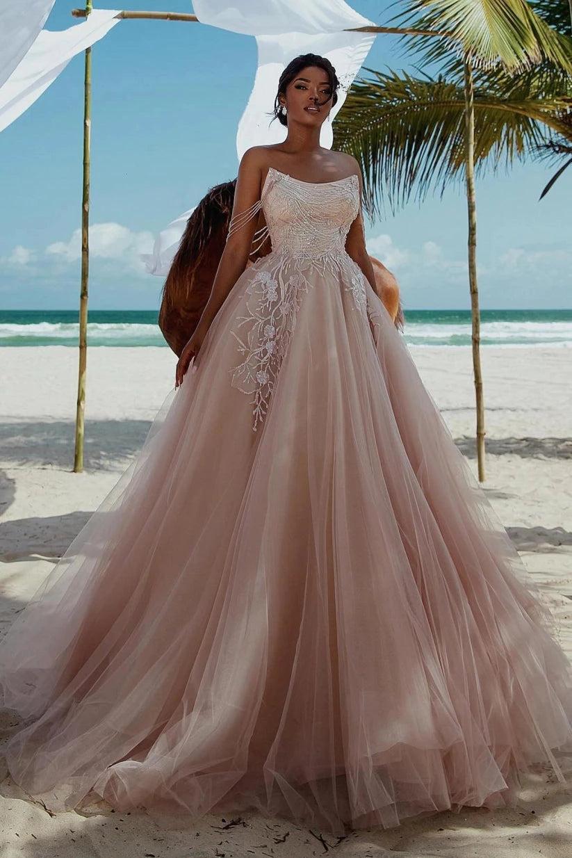 Blush Tulle Ball Gown Wedding Dress Strapless Floral Lace Embroidery Pearl Chain Straps Cathedral Train