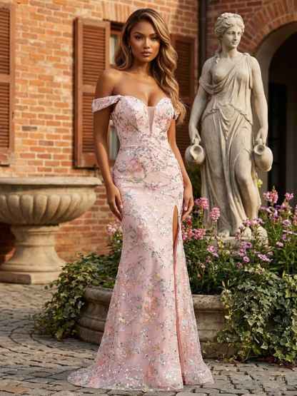 Blush Pink Floral Embroidered Off-the-Shoulder Long Prom Dress