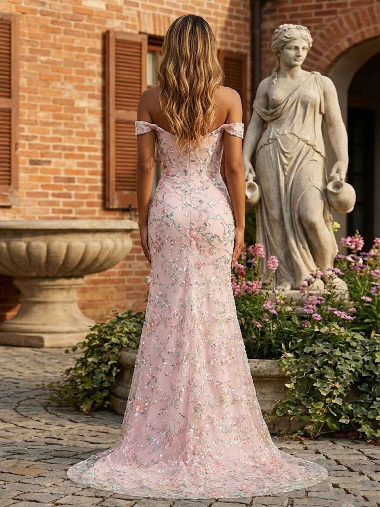 Blush Pink Floral Embroidered Off-the-Shoulder Long Prom Dress