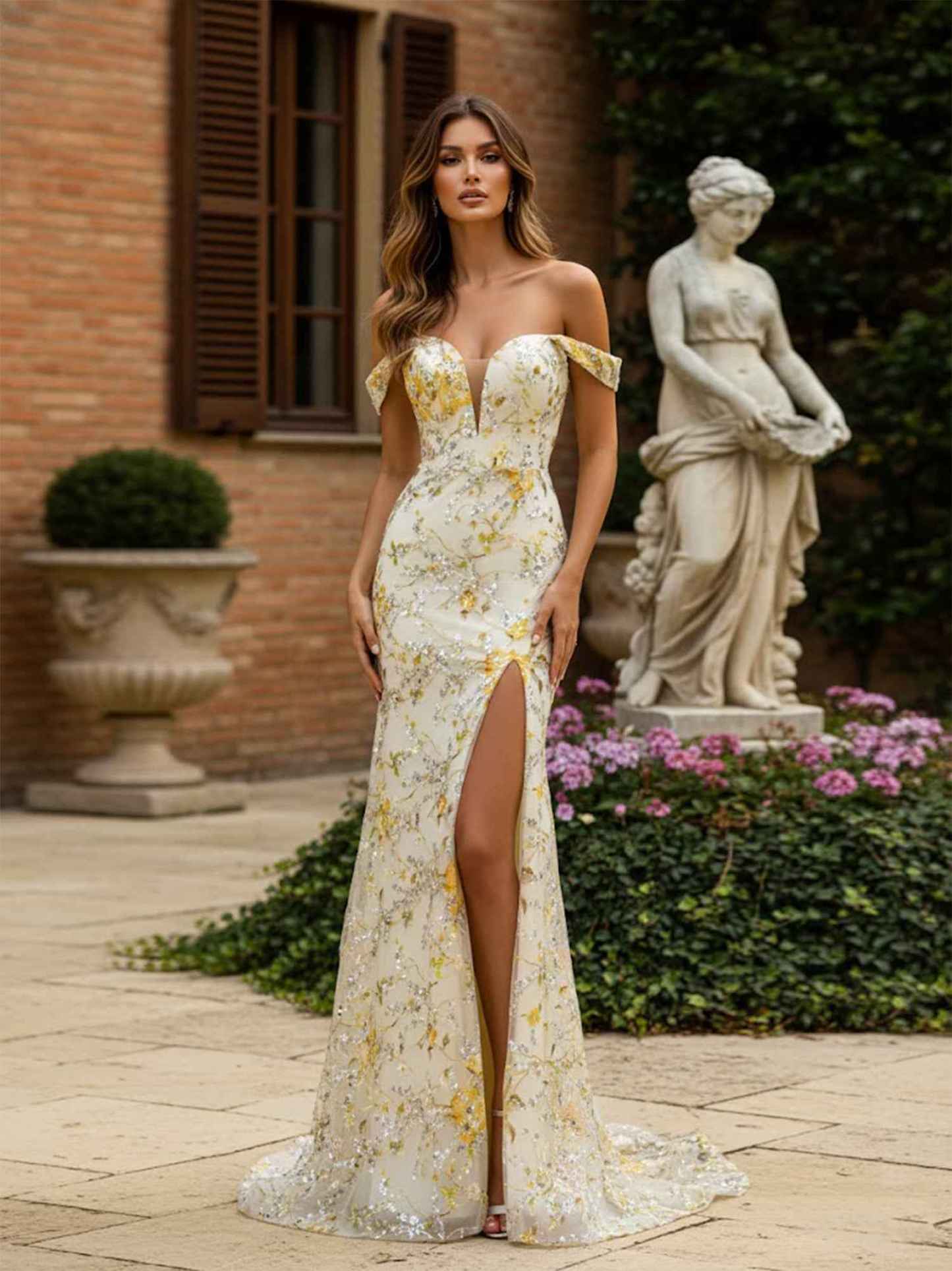 Blush Pink Floral Embroidered Off-the-Shoulder Long Prom Dress