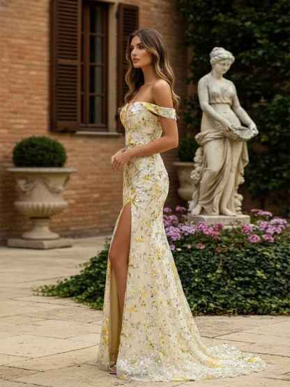 Blush Pink Floral Embroidered Off-the-Shoulder Long Prom Dress