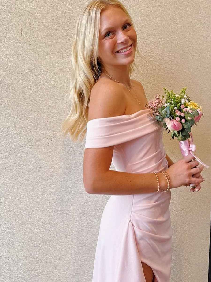 Blush Pink Off-the-Shoulder Crepe Prom Dress with Ruffled High Slit