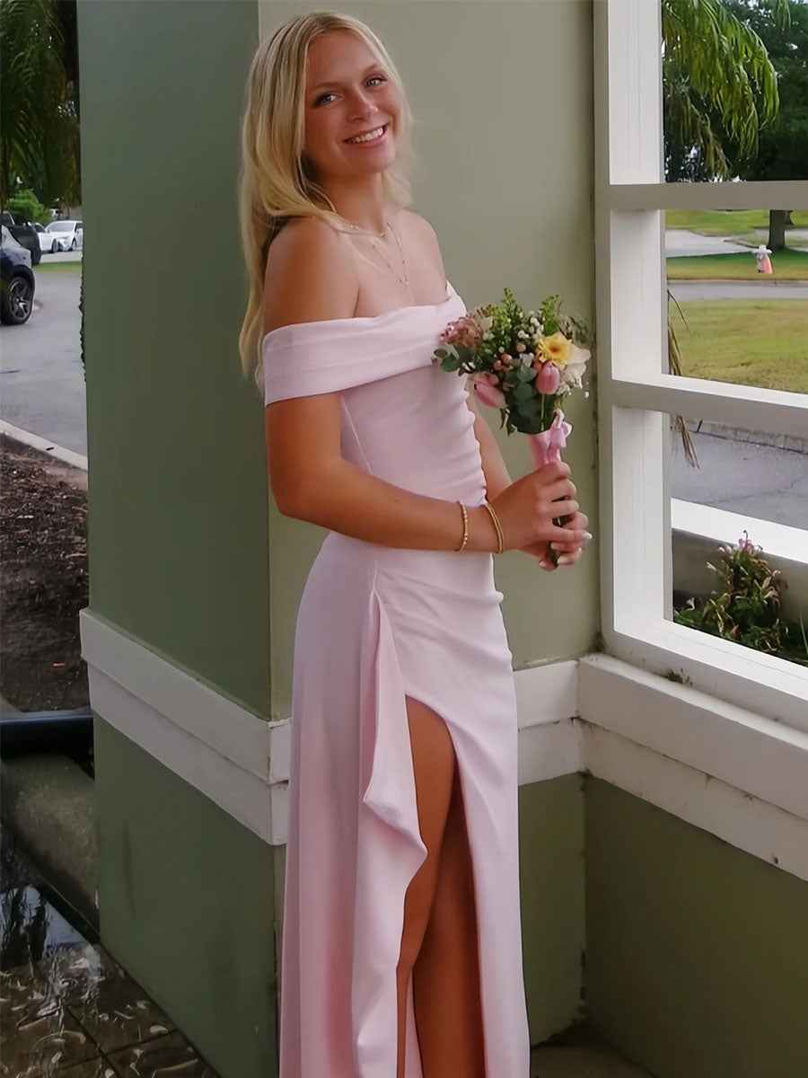Blush Pink Off-the-Shoulder Crepe Prom Dress with Ruffled High Slit