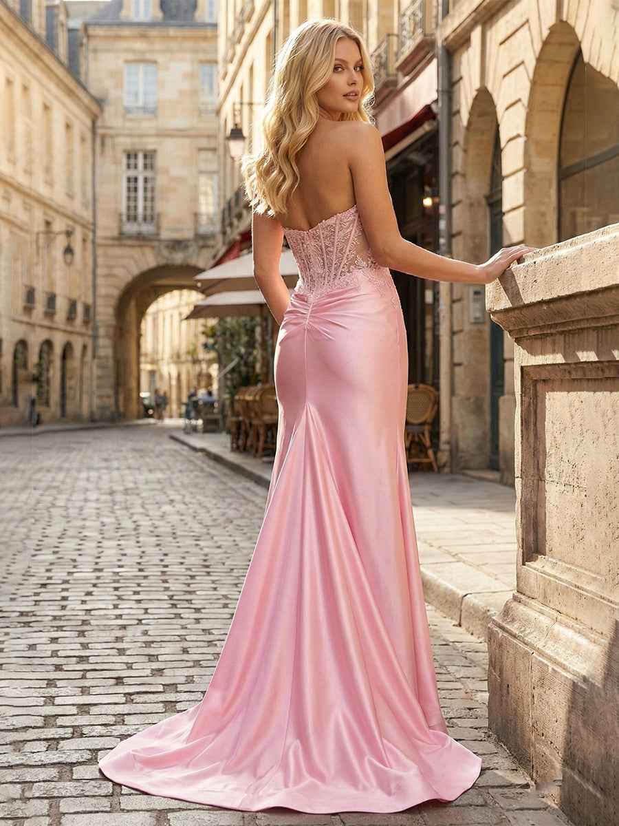 Blush Pink Strapless Lace Applique| Corset Satin Prom Dress