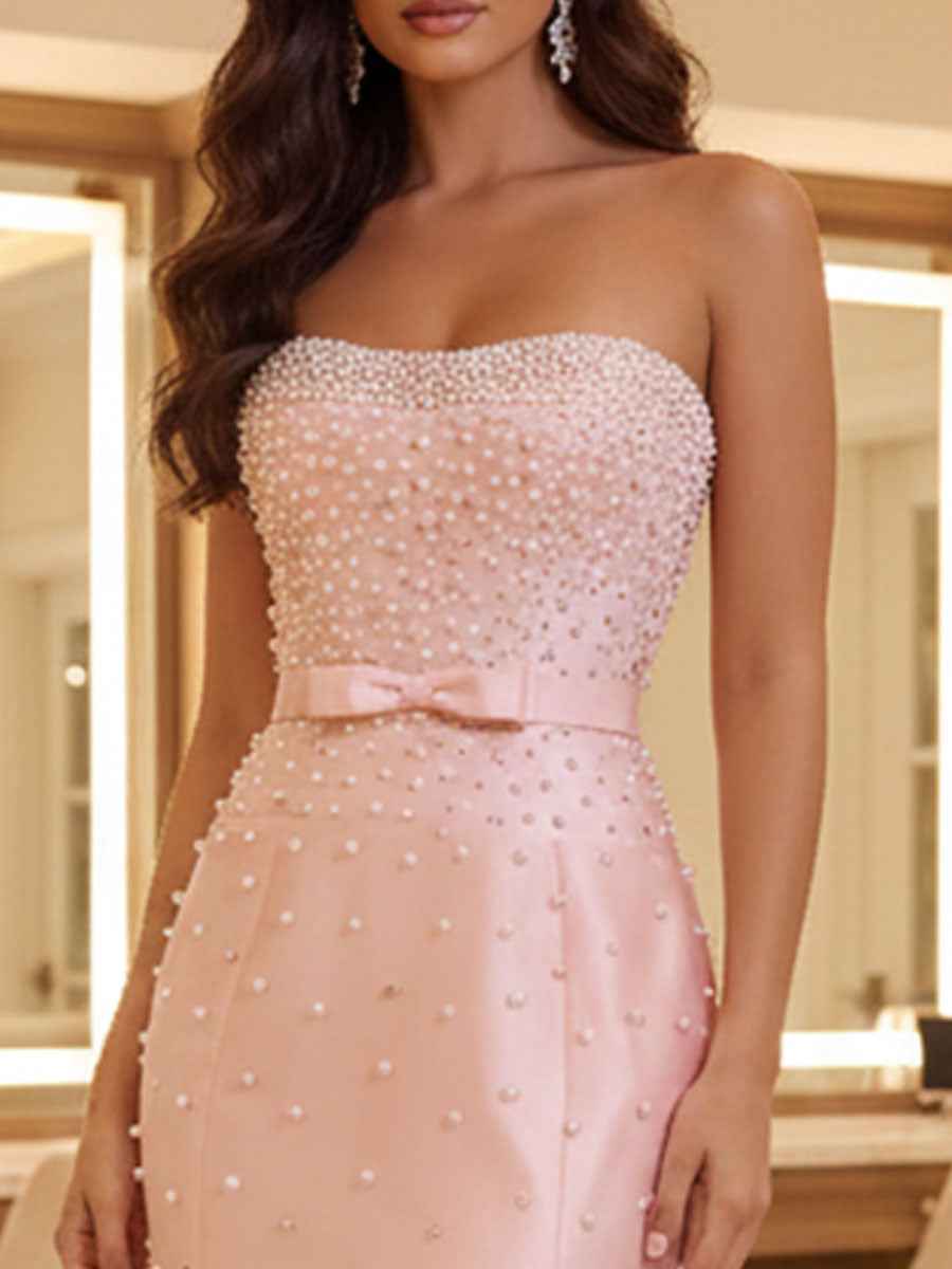 Blush Pink Strapless Pearl Beading Mermaid Prom Dress with Bow Belt