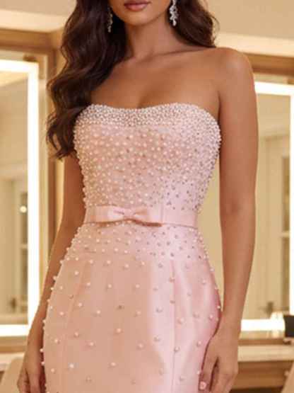 Blush Pink Strapless Pearl Beading Mermaid Prom Dress with Bow Belt