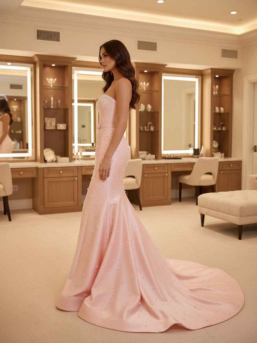 Blush Pink Strapless Pearl Beading Mermaid Prom Dress with Bow Belt