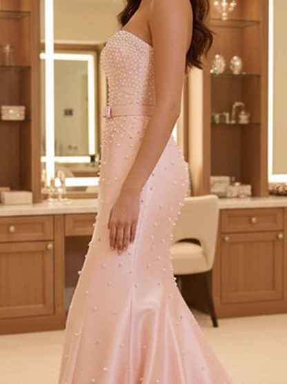 Blush Pink Strapless Pearl Beading Mermaid Prom Dress with Bow Belt