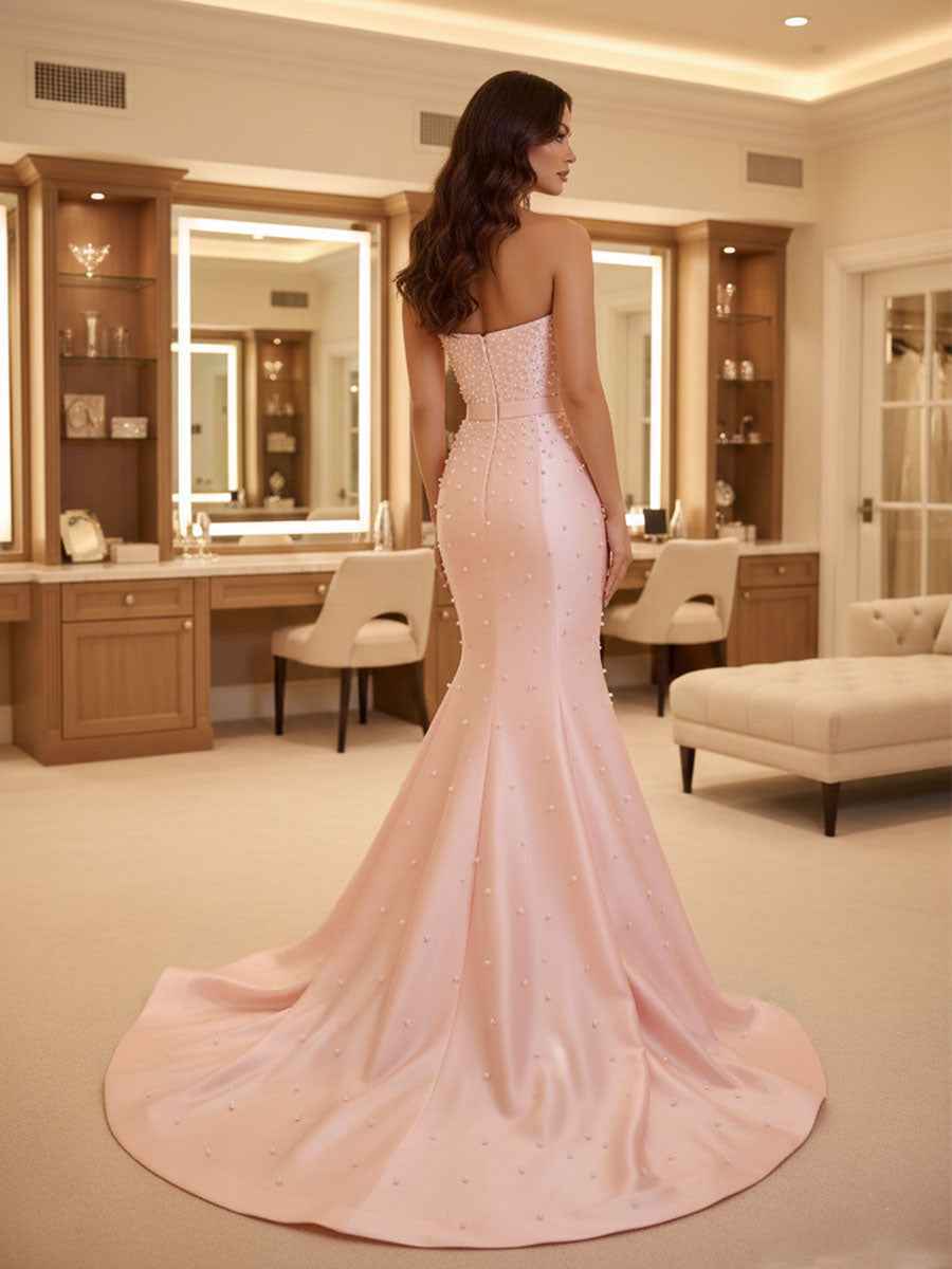 Blush Pink Strapless Pearl Beading Mermaid Prom Dress with Bow Belt