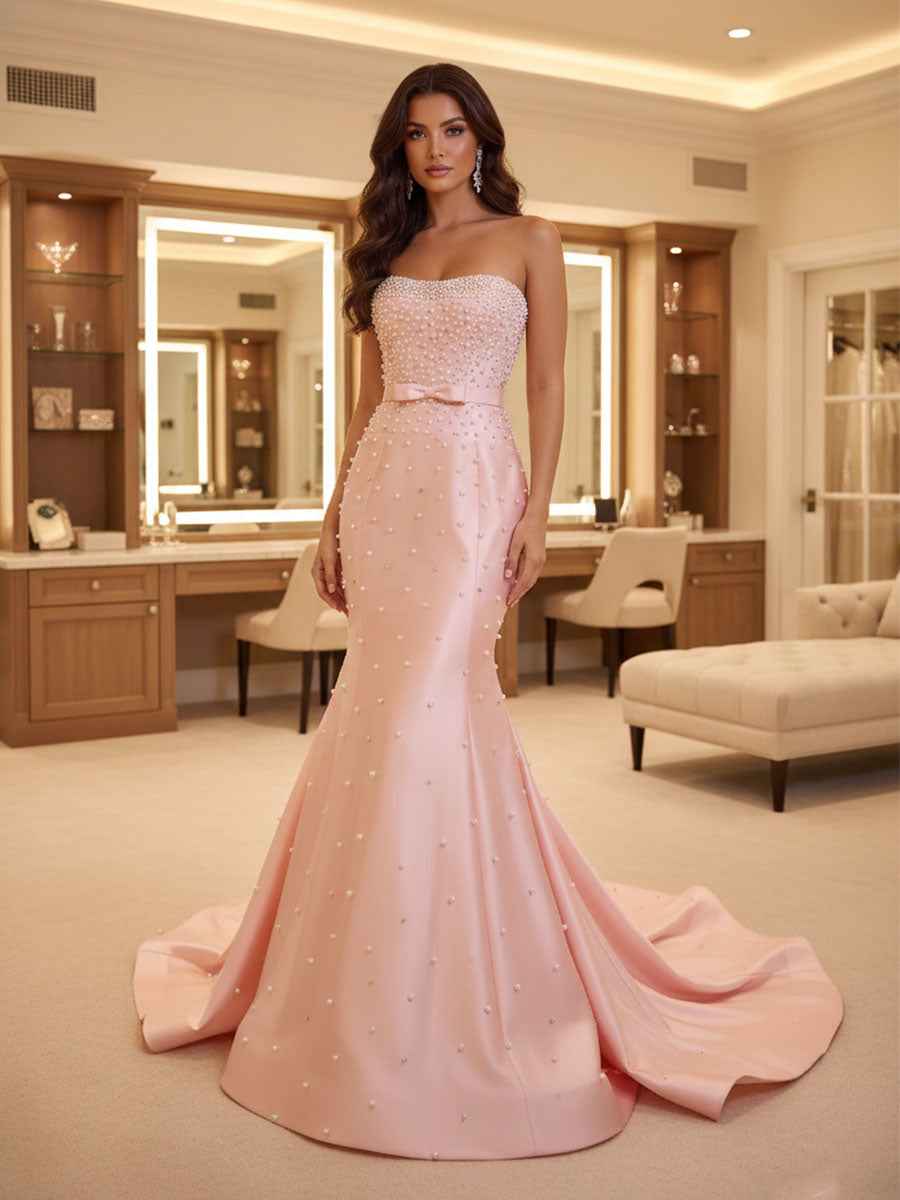 Blush Pink Strapless Pearl Beading Mermaid Prom Dress with Bow Belt