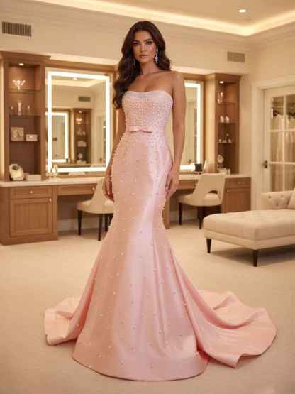 Blush Pink Strapless Pearl Beading Mermaid Prom Dress with Bow Belt