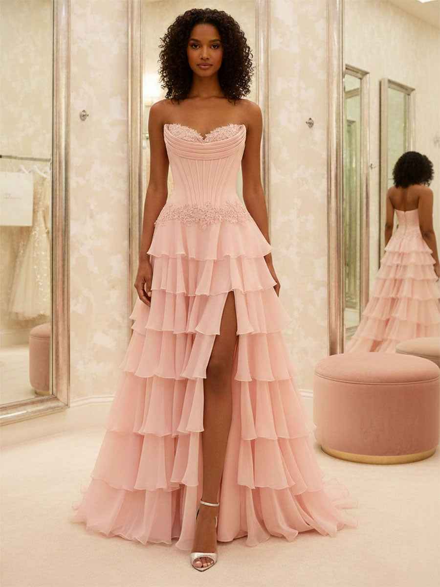 light pink strapless ruffle prom dress Lace-Up Strapless Long A-Line Prom Dress with Ruffles Pink / 2