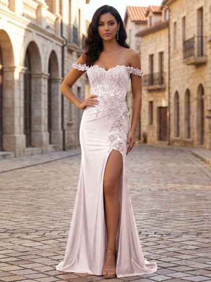 Mermaid Off-The-Shoulder Floral Corset Long Prom Dress with Slit