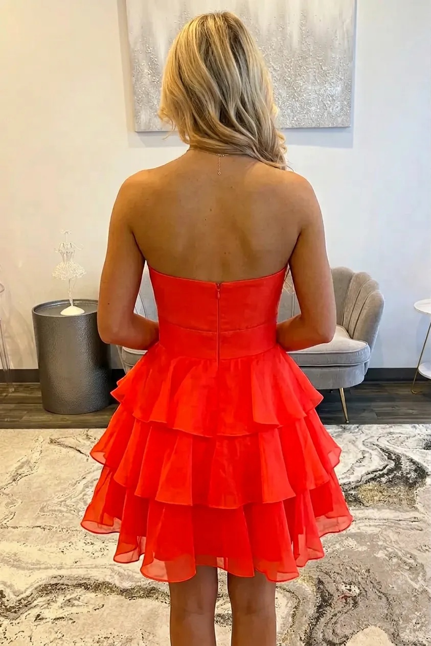 Strapless Chiffon Homecoming Dress 3D Rose Cutout Waist Tiered Ruffle A-line Mini