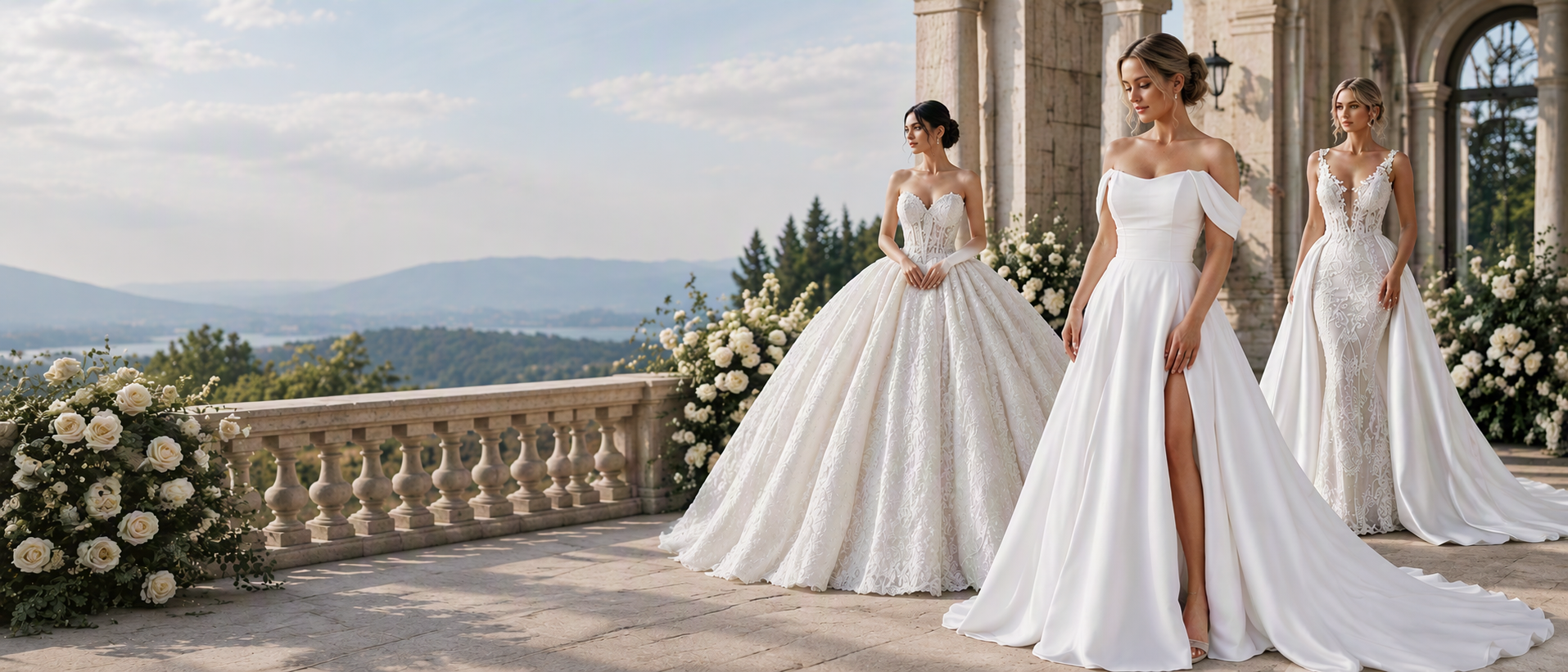 Three brides wearing elegant wedding dresses, including a lace ball gown, satin A-line gown, and fitted lace wedding dress, on a luxurious European palace terrace.