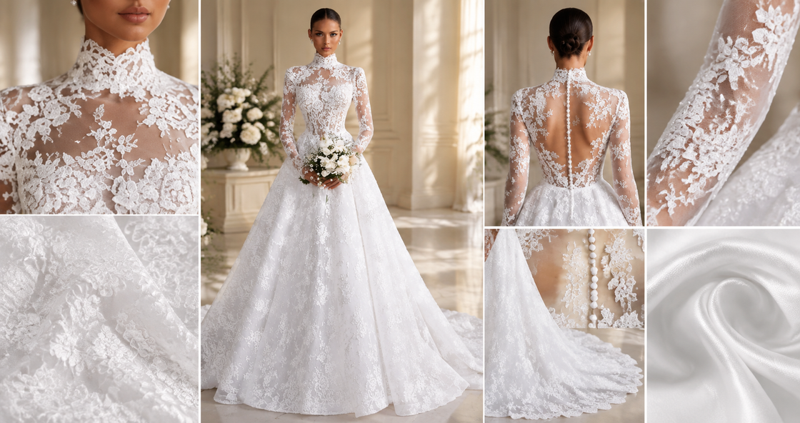 Detailed collage of a lace wedding dress showing the neckline, floral lace appliqués, sheer sleeves, buttoned back, train, and fabric texture.