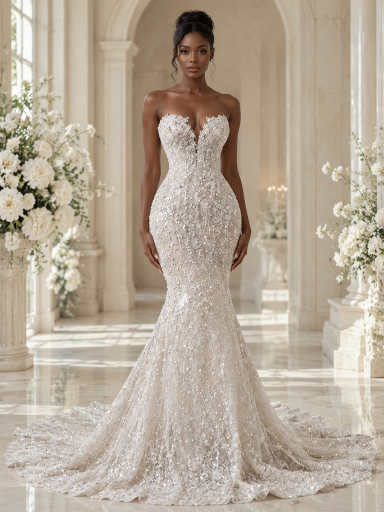 Bride wearing a fitted beaded mermaid wedding dress with a sweetheart neckline and lace train in an elegant wedding hall.