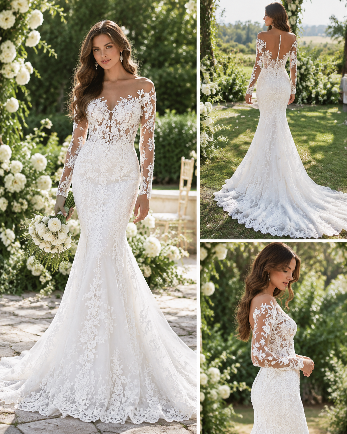 Bride wearing a long-sleeve lace mermaid wedding dress shown from front, back, and side angles in a garden wedding setting.