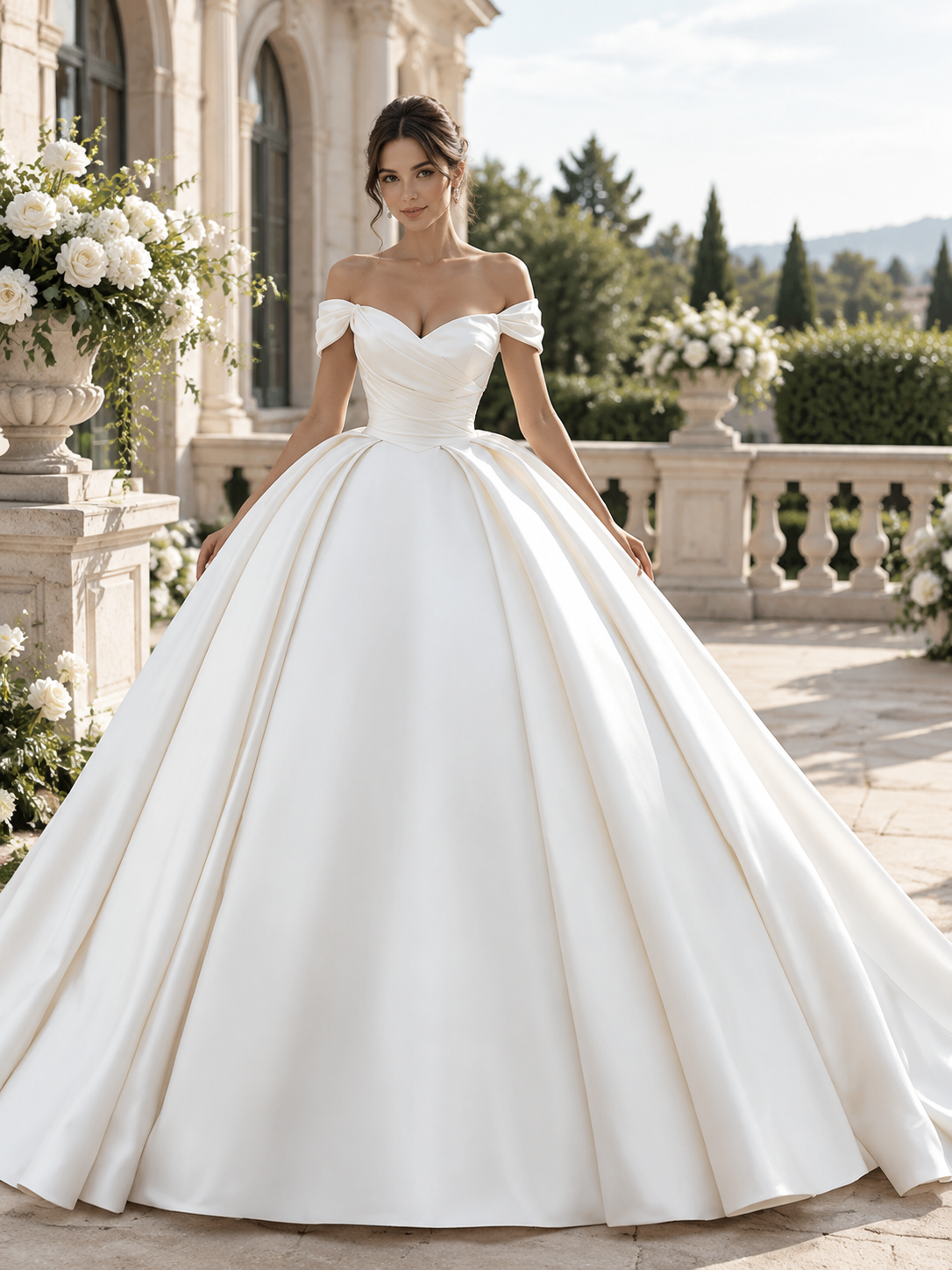 Bride wearing an elegant satin A-line wedding dress with an off-the-shoulder neckline and full flowing skirt at a European wedding venue.
