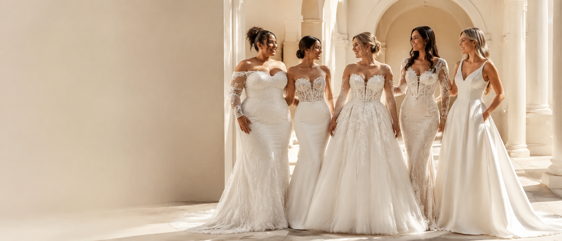 Five brides wearing different wedding dress silhouettes, including plus-size, sheath, ball gown, mermaid, and A-line styles, standing together in a bright elegant hall.