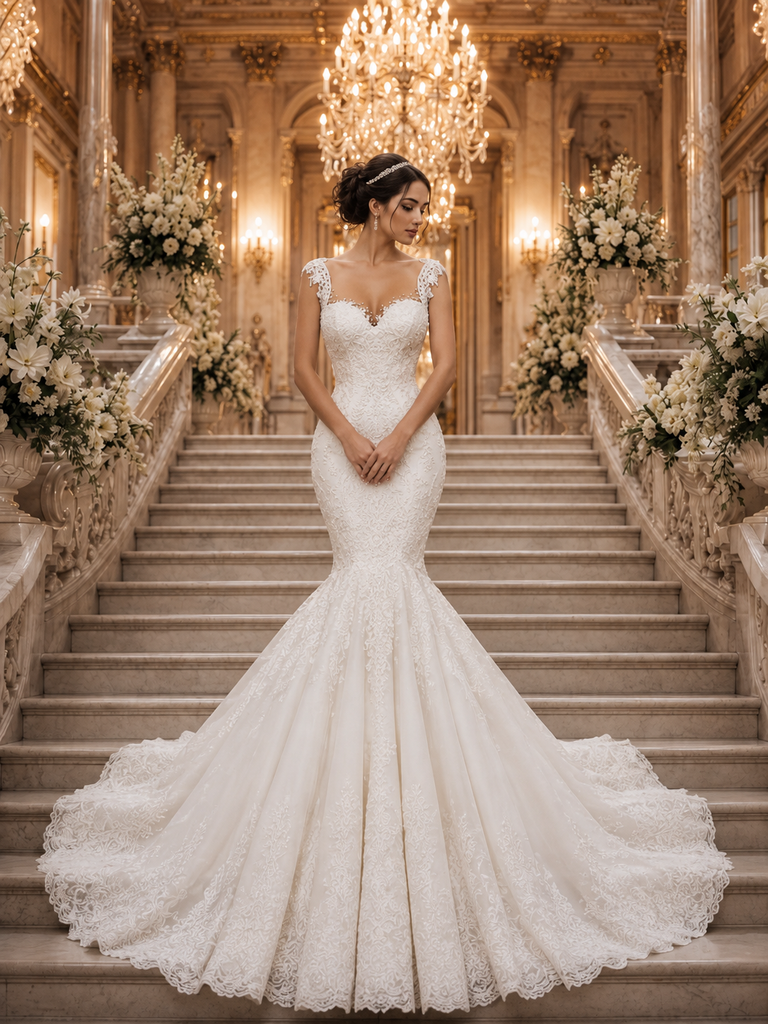 Front view of a bride wearing a fitted lace mermaid wedding dress with a flared skirt and long train in an elegant wedding venue.