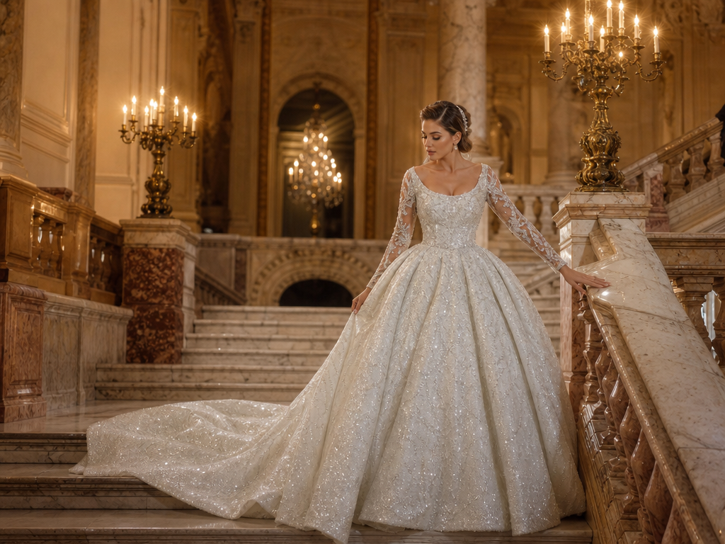 Bride wearing an elegant sparkling ball gown wedding dress with long lace sleeves and a dramatic train in a grand staircase venue.