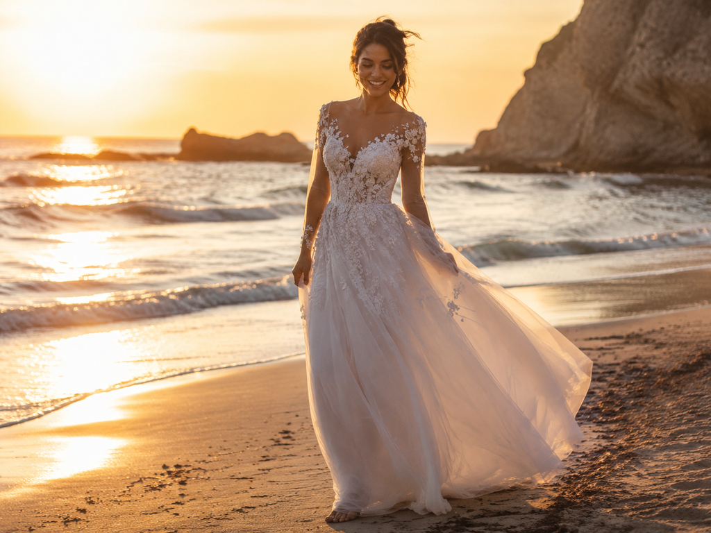 Bride wearing a lightweight flowing A-line wedding dress with lace appliqu&eacute; and sheer sleeves while walking on a beach at sunset.