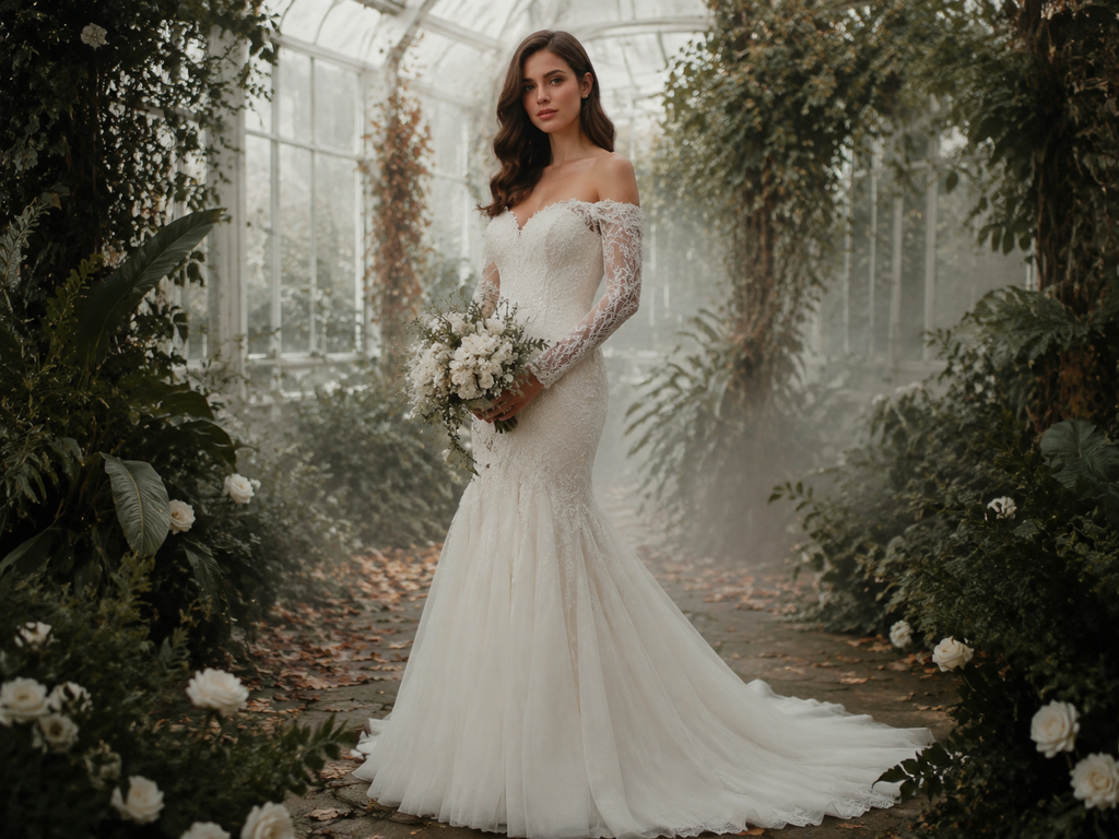 Bride wearing an off-the-shoulder lace mermaid wedding dress with long illusion sleeves in a lush greenhouse setting.