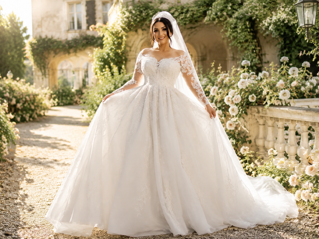 Plus-size bride wearing a romantic lace ball gown wedding dress with long sleeves and a full skirt in a sunlit garden outside an elegant mansion.