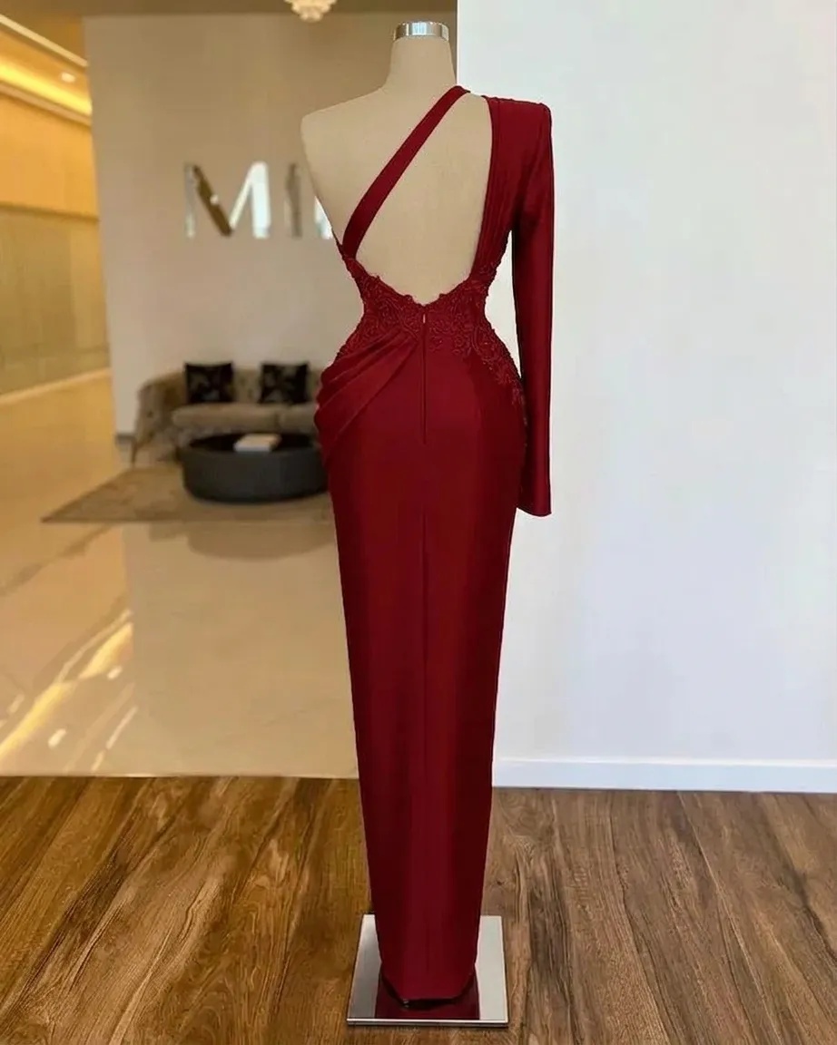 Long Sleeve One Shoulder Long Prom Dress With Pleated Appliques