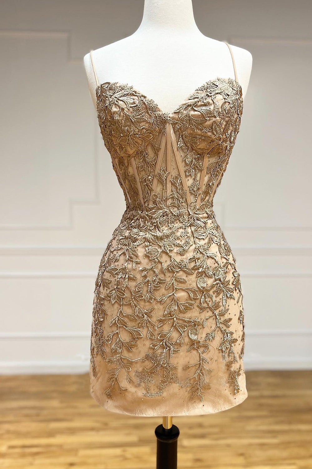Bodycon Champagne Spaghetti Straps Tight Short Homecoming Dress with Appliques