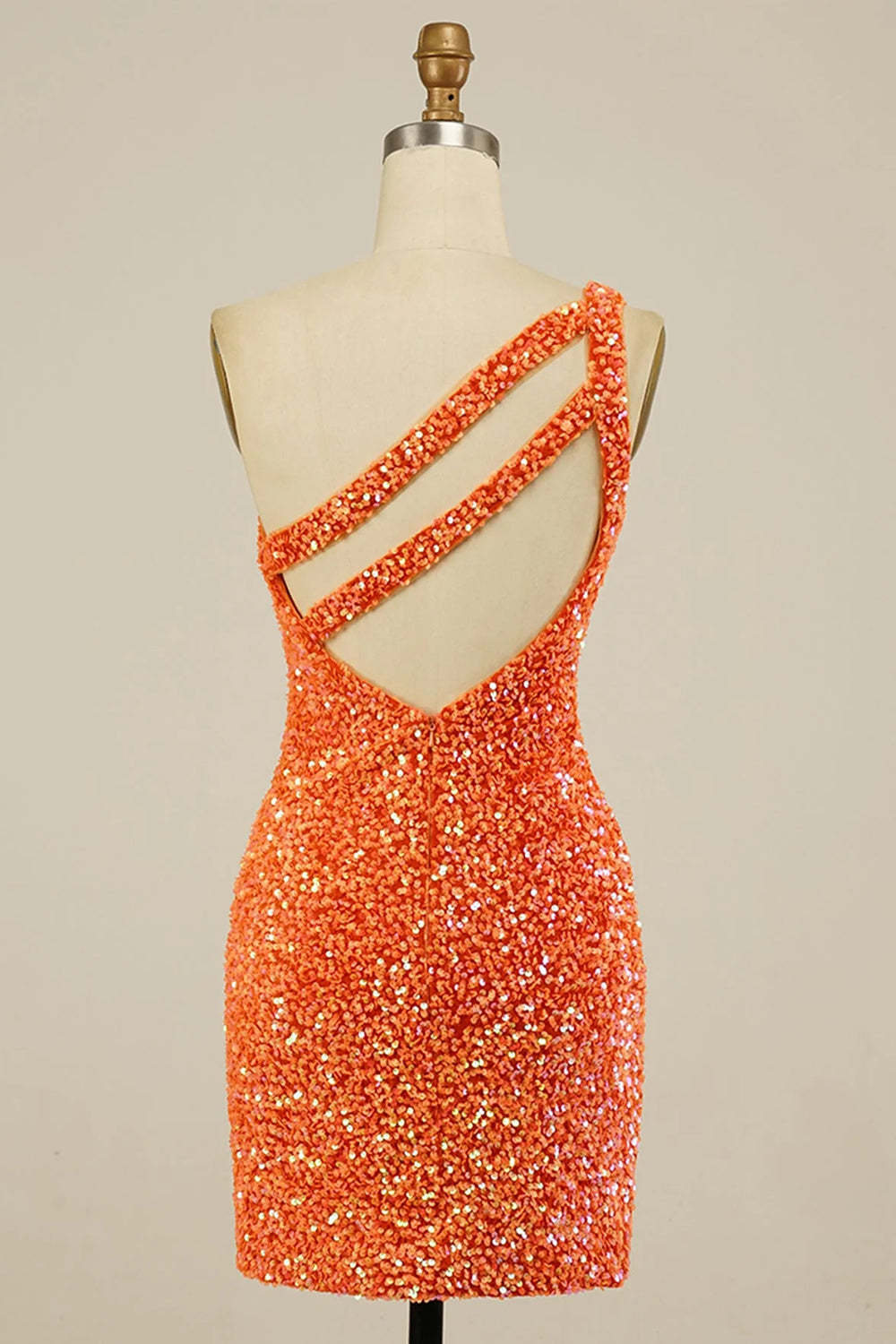 Bodycon One Shoulder Orange Sequins Open Back Short Homecoming Dress