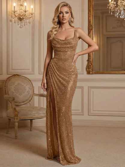 Silver Sequin Cowl Neck Ruched Long Prom Dress with High Slit