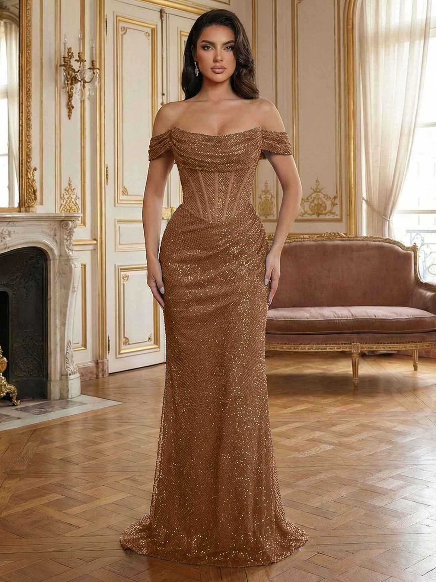 Red Off-The-Shoulder Sequined Corset Mermaid Long Prom Dress