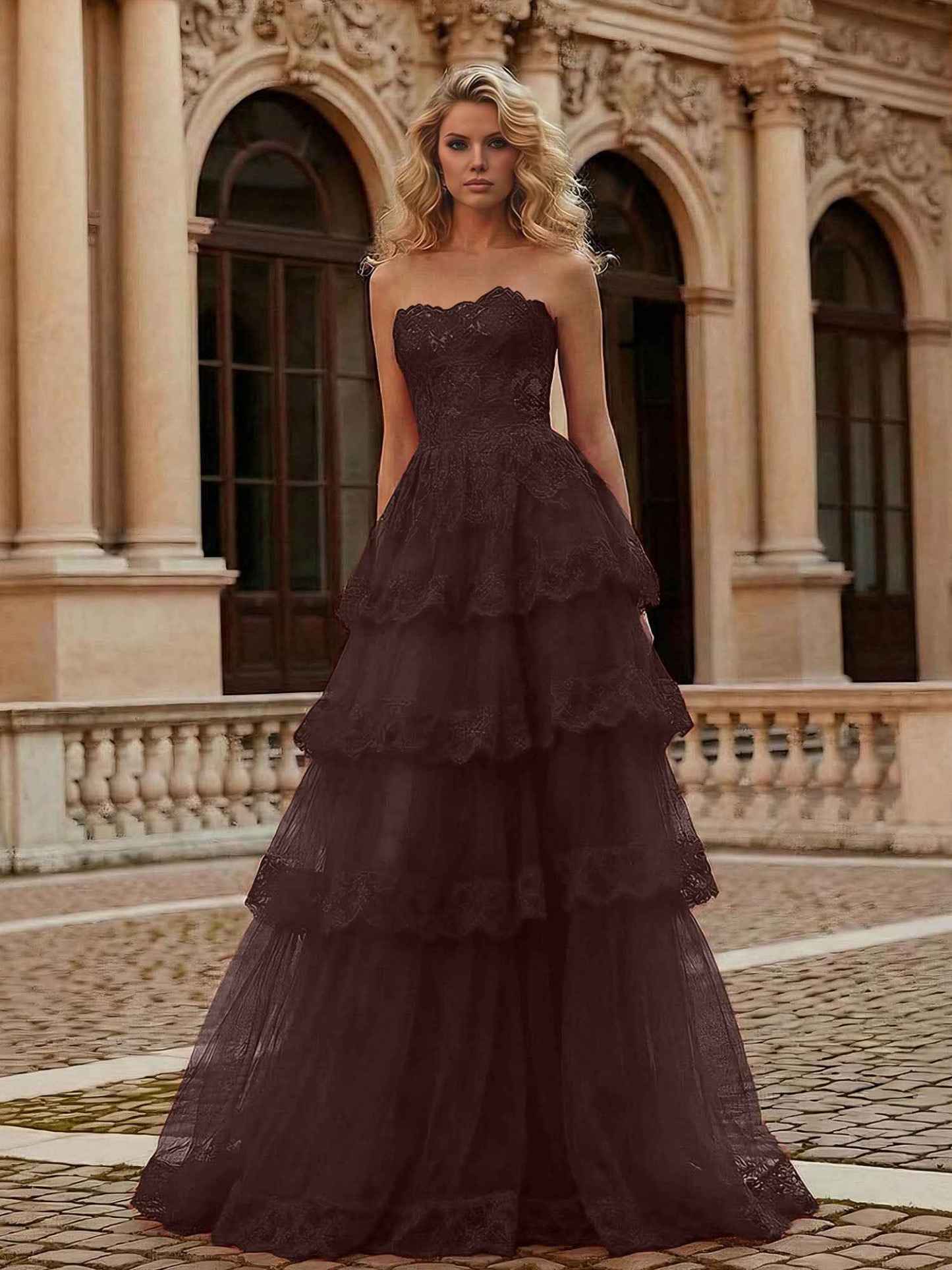 Red Tiered Tulle Strapless Lace Bodice A-Line Long Prom Dress