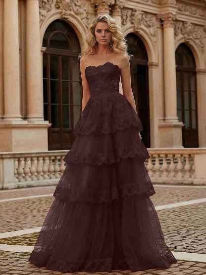 Red Tiered Tulle Strapless Lace Bodice A-Line Long Prom Dress