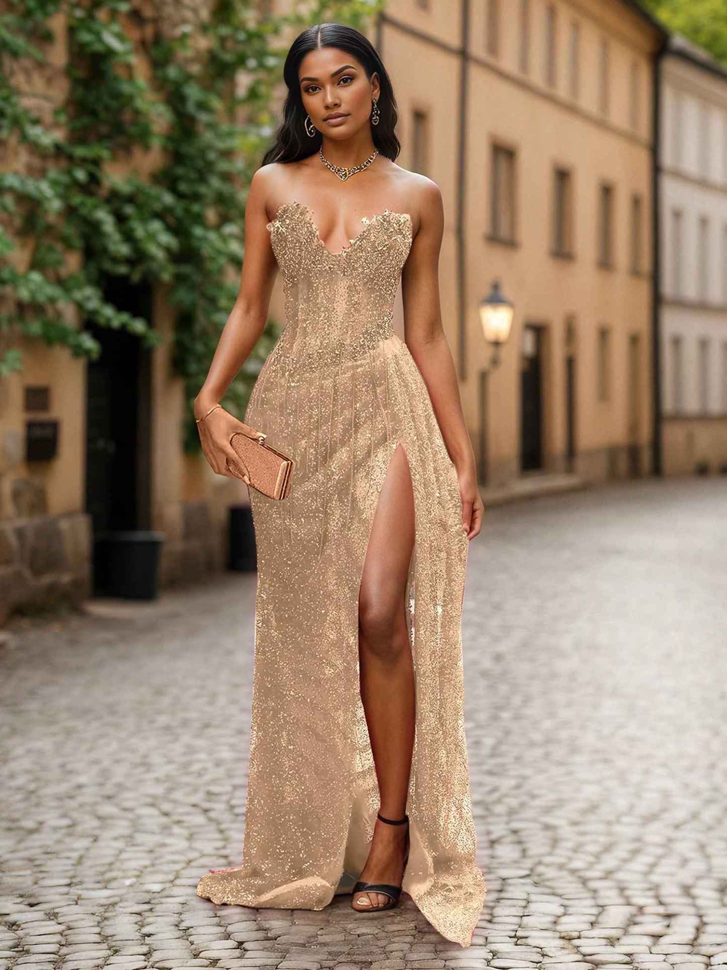 Red Strapless Beaded Fringe Waist Sequin Prom Dress with High Slit