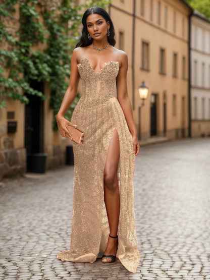 Red Strapless Beaded Fringe Waist Sequin Prom Dress with High Slit